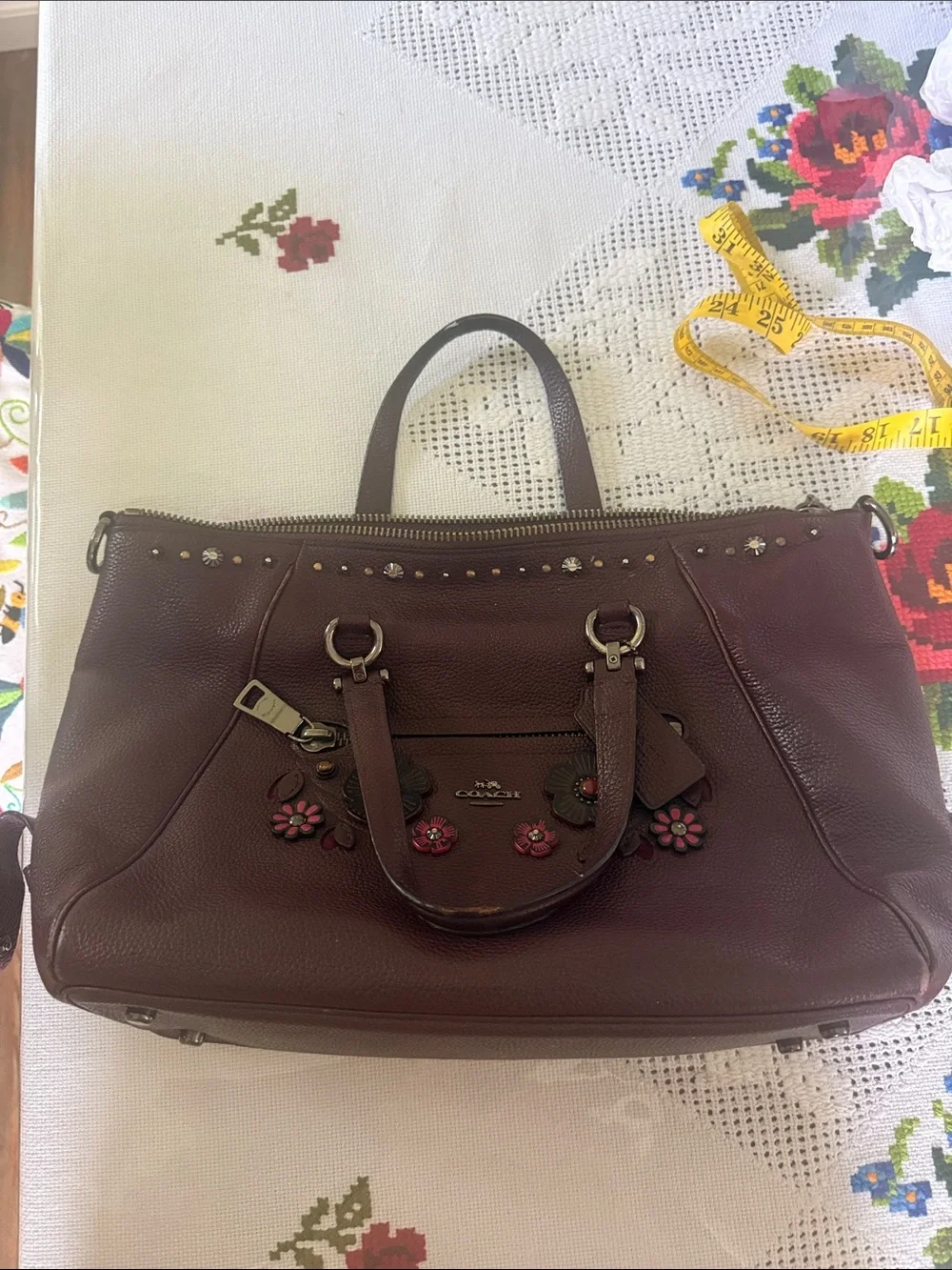 Coach Plum Floral Appliqué Leather Satchel